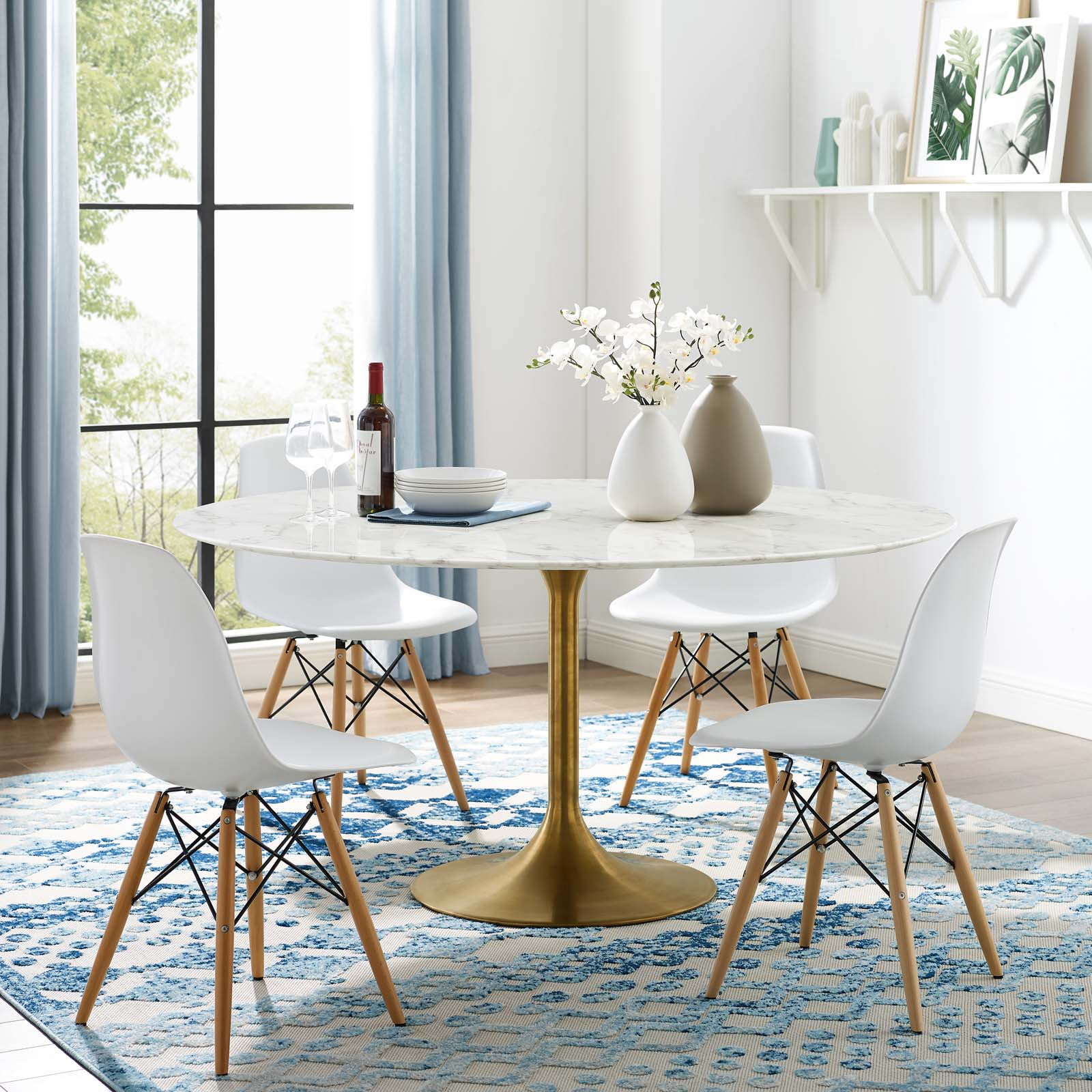 Modway Lippa 	60" Round Artificial Marble Dining Table in Gold White