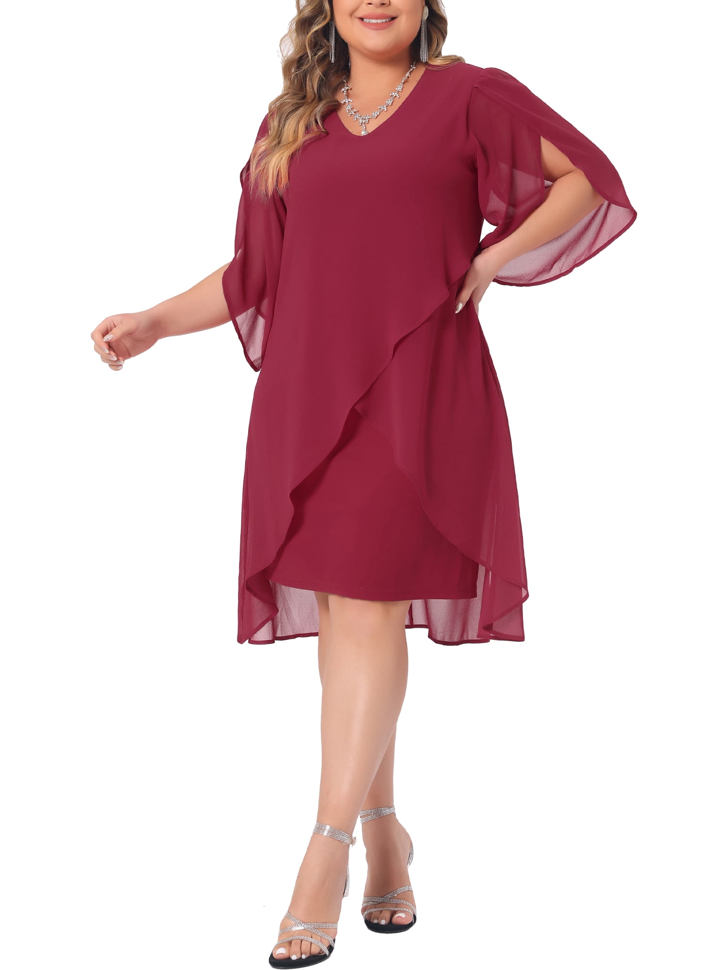 DARING DIVA Women's Plus Size Chiffon Cocktail Mesh Overlay Short Dress 1X Red