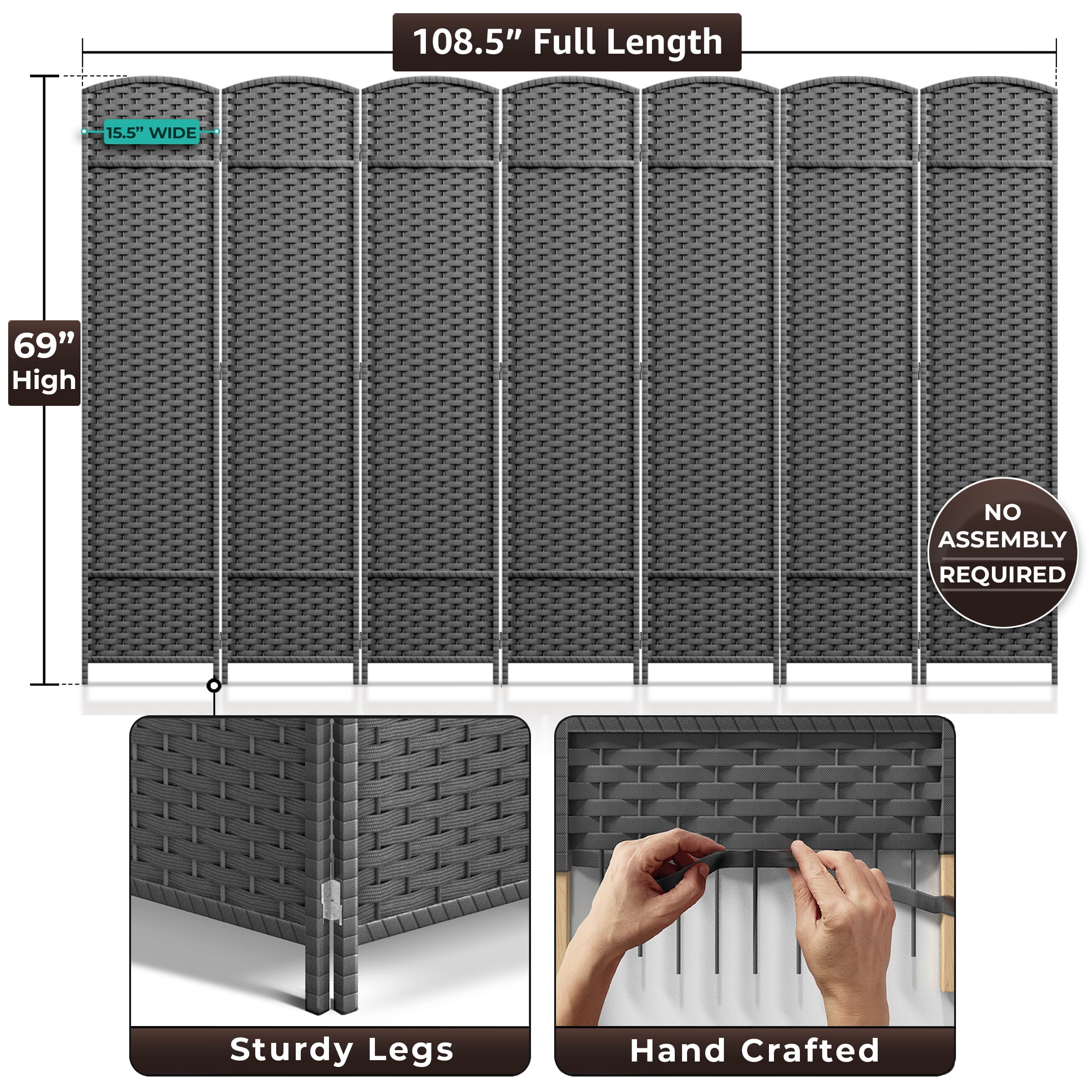 Sorbus 7-Panel Wide Folding Room Divider Privacy Screen, Hand-Woven Gray Mesh