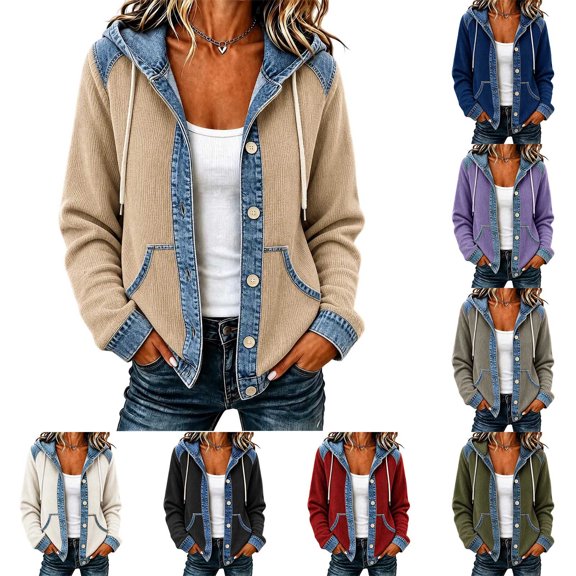 DPTALR Women's Denim Patchwork Long Sleeve Hooded Jacket, Button Front Drawstring Hood Casual Outerwear with Pockets,Size S-3XL