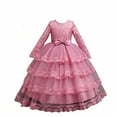 thumbnail image 5 of Girls Maxi Gown Lace Long Sleeve Cinched Bow Belted A-Line Dress Tween Elegant Fluffy Mesh Tiered Layered Evening Dresses Pink 01 14-15 Years, 5 of 7