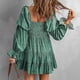 thumbnail image 4 of Vestido de línea con hombros descubiertos, cuello en V, manga larga, cintura, vestido estampado plisado adelgazante para mujer, verde S, 4 of 6