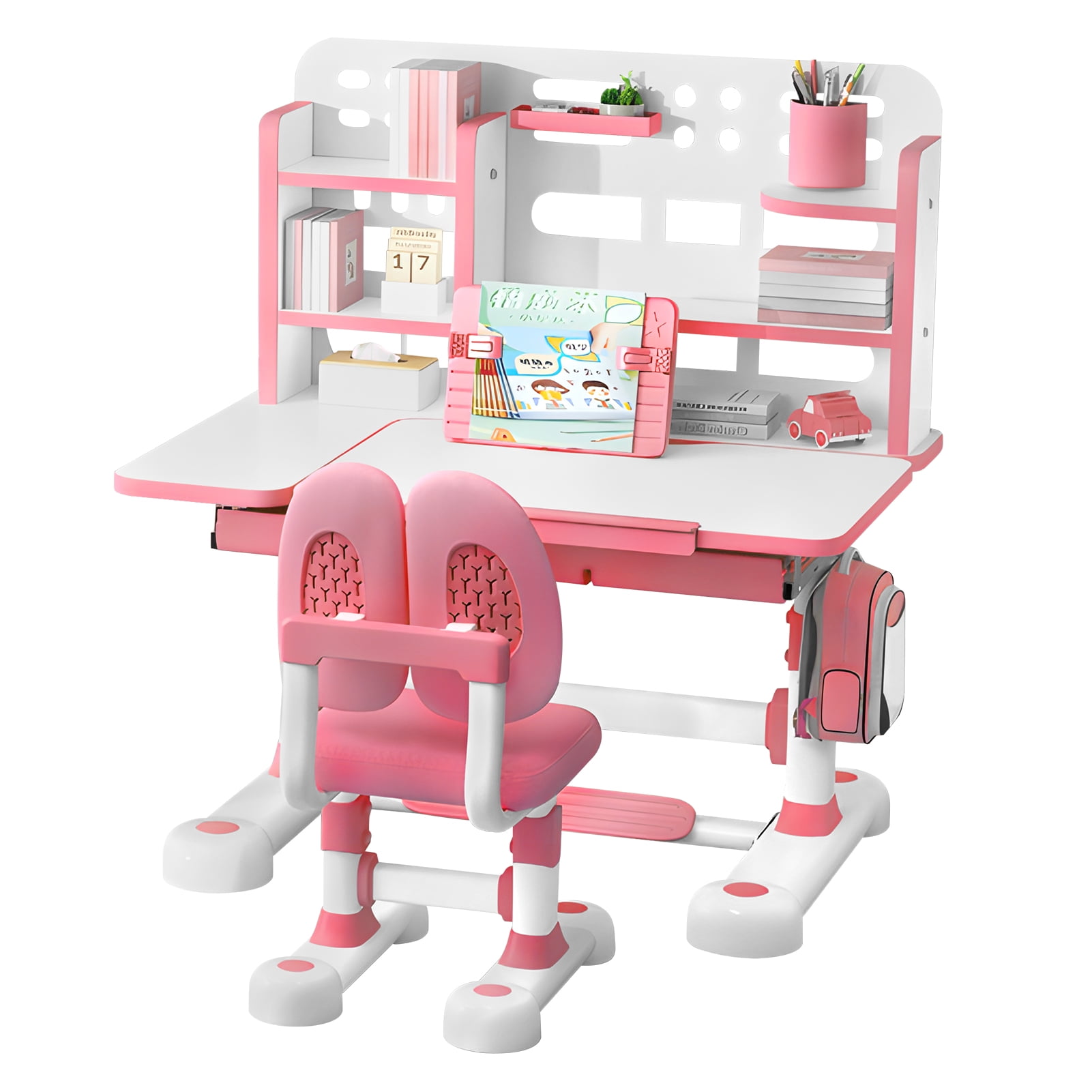 AurumEdge Height Adjustable Childrens Desk & Chair, Kid's Study Desk And Chair Set, with Bookshelf And Storage Drawer, 50-Degree Tiltable Desktop Study Table
