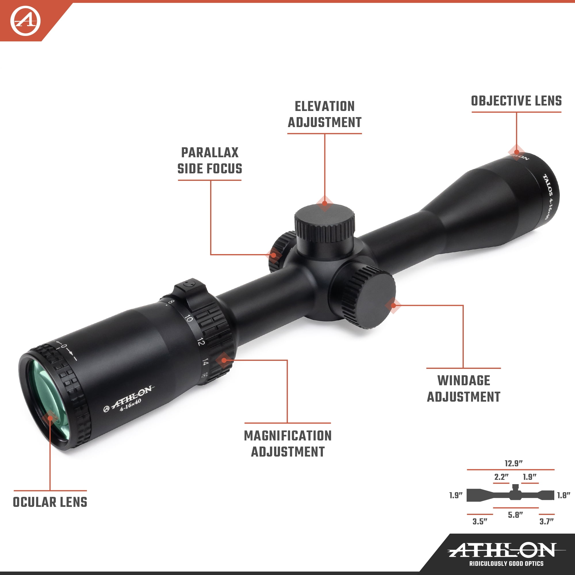 Athlon Optics Talos Riflescope, 4-16 x 40, SFP, 1in Tube, MIL Dot Reticle, Lifet
