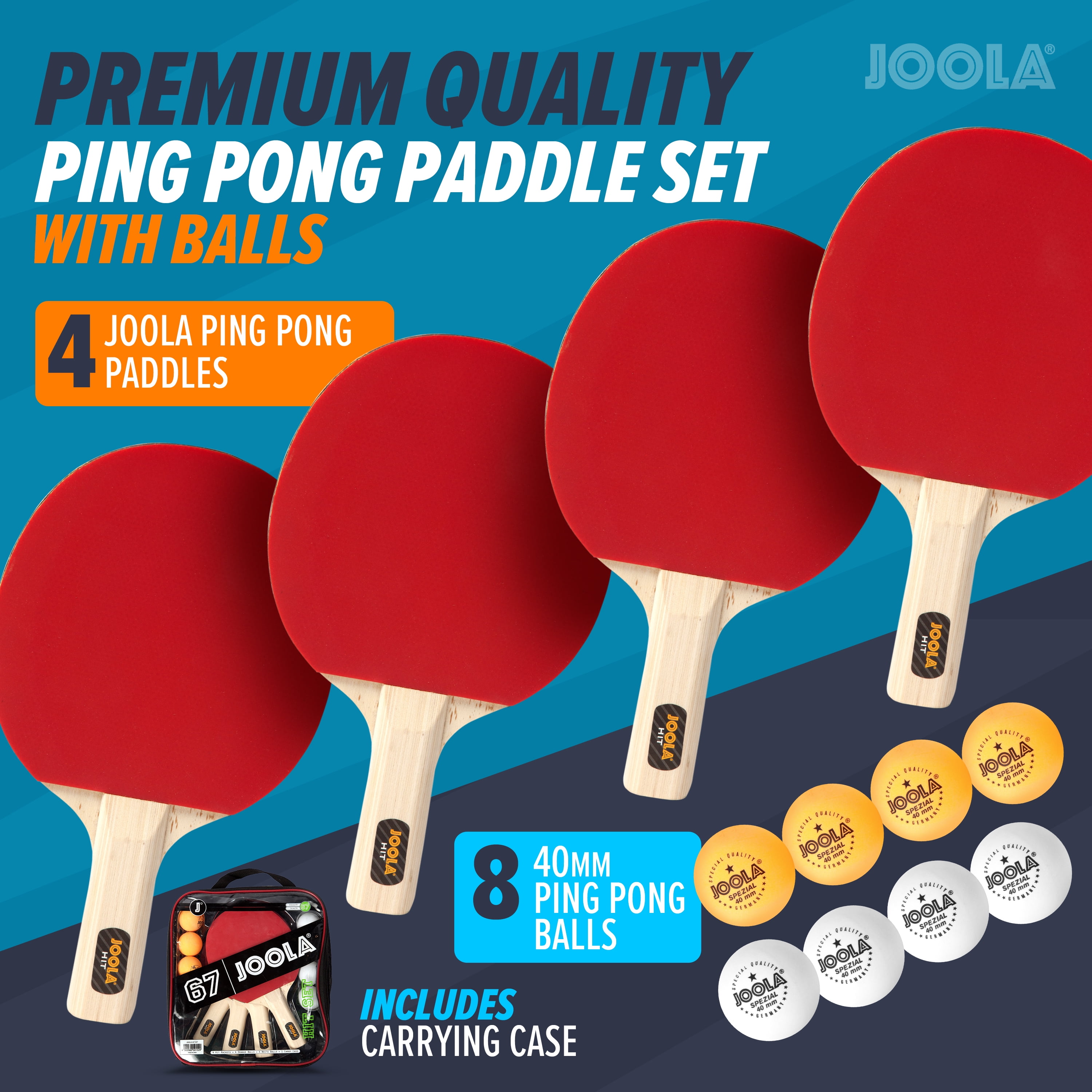 JOOLA Hit Set Table Tennis Bundle with Carrying Case, 4 Paddles, 8 Balls, Red