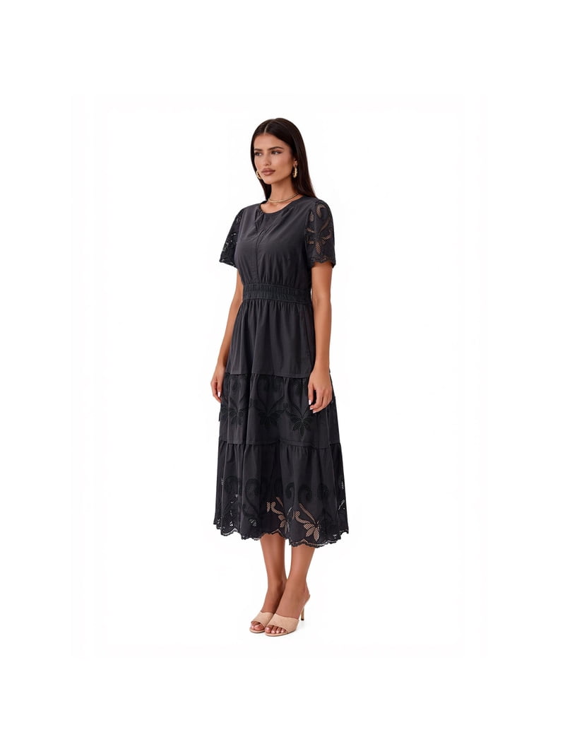 pretty midi summer dresses Black Chiffon Dress - Tie-Strap Midi Dress - Tiered Midi Dress