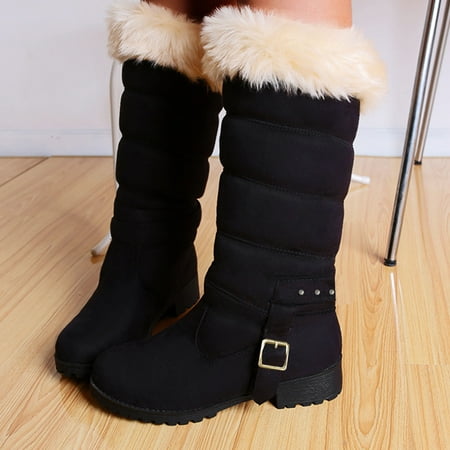 

TALKVE Snow Suede Boots Fashion Belt Heel Buckle Boots Warm Mid- Women s Thick women s boots