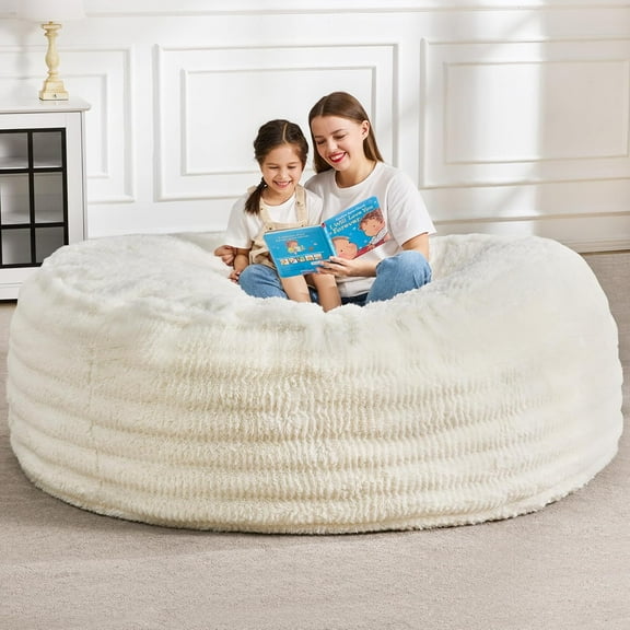 Hobestluk Bean Bag Chairs Beanbag Chair with Filler Adult Bean Bags with Fluffy Ripple Cover, Giant Bean Bag Chairs for Adults (White, 6FT - 70" x 70" x 15")
