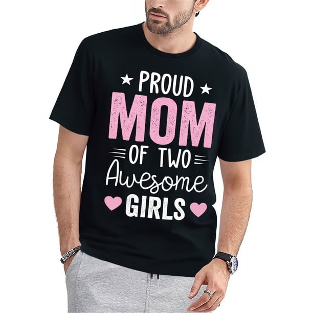 Camisetas divertidas para hombre 2025 Sarctic Family New Graphic playera para hombre1pc Women'S Casual Cotton T-Shirt, Proud Mom of Two Awesome Girls Print, Round Neck, High Stretch Fabric, All Seas