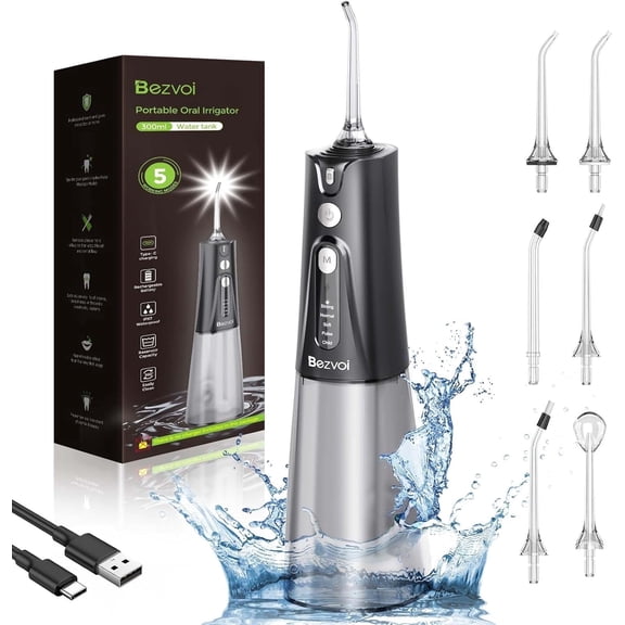 Cordless Water Flosser Dental Teeth Cleaner 5 Modes, 300ML Water Tank IPX7 Waterproof with 6 Tips Irrigate for Oral Care