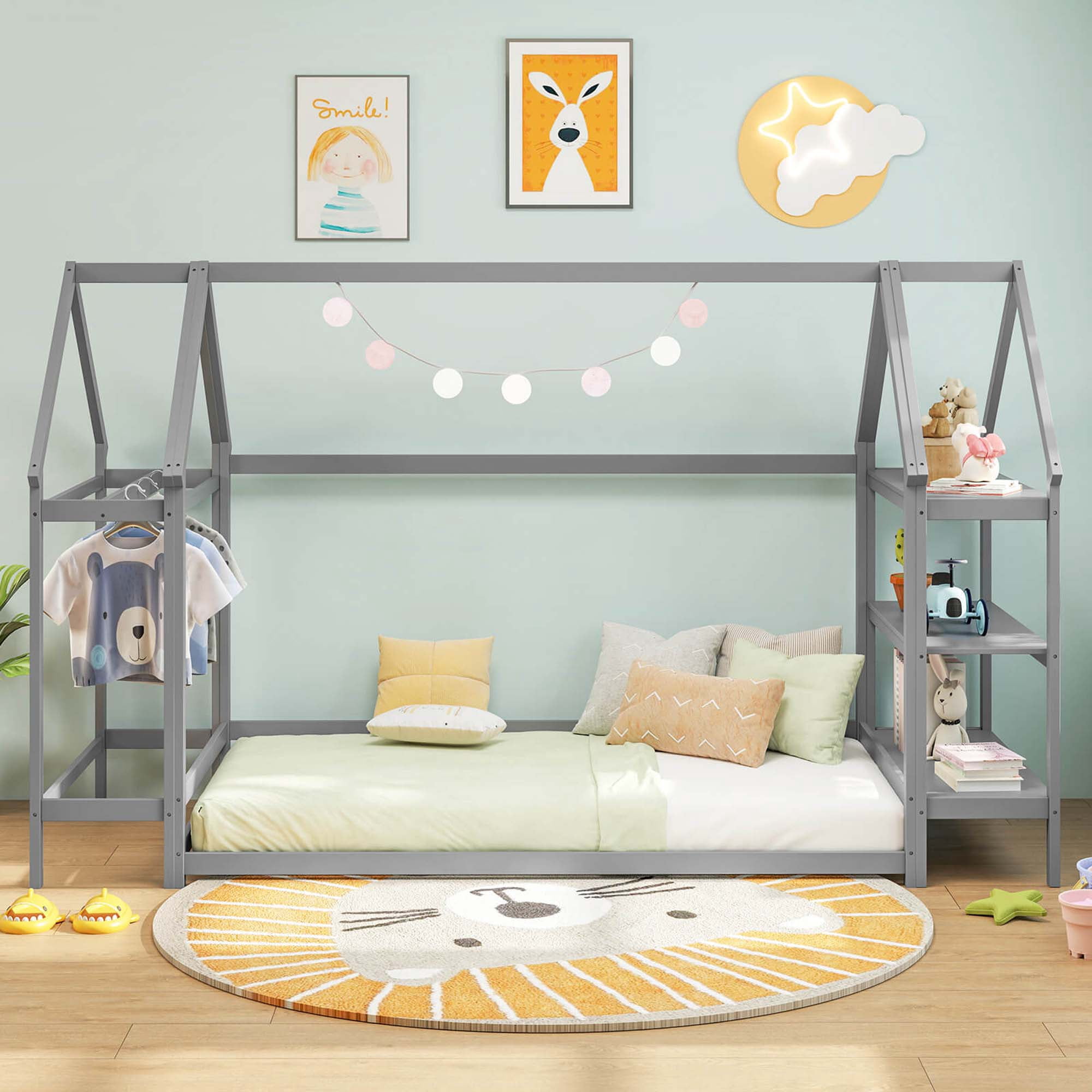 Costway Twin Size House Bed Montessori Floor Bed with Detachable Storage Shelves Gray