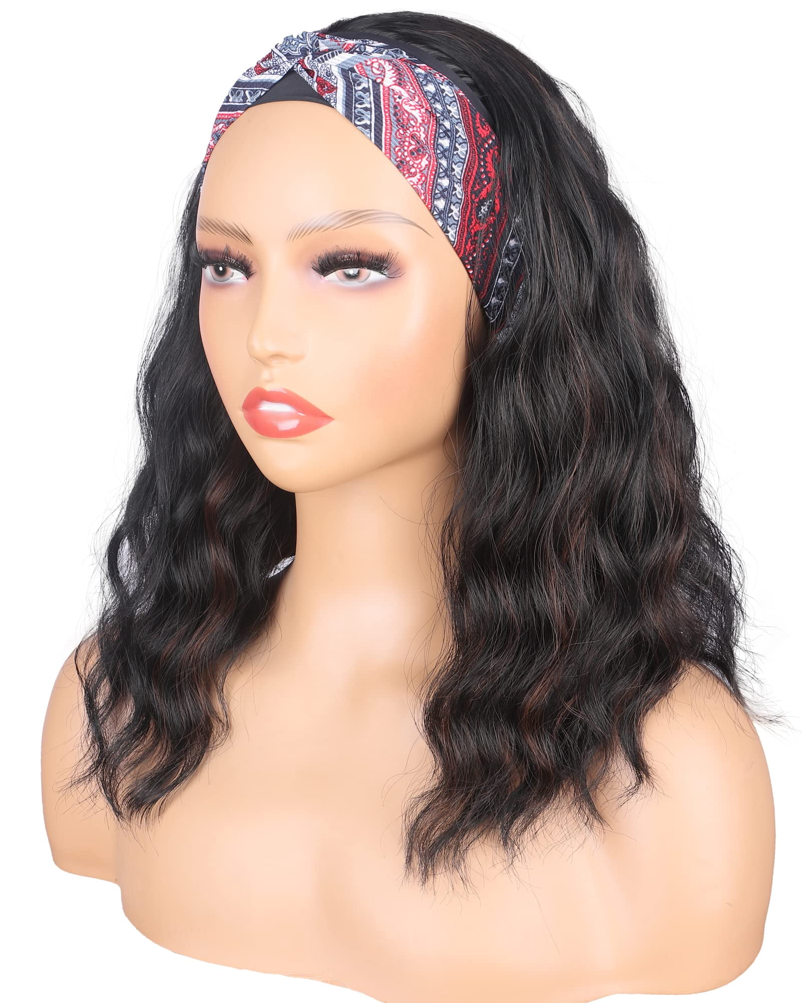Black Headband Wigs With Brown Highlights For Women 14 Inch Wavy Heat Resistant Synthetic Soft Light Natural Looking Hair Replacement Wigs