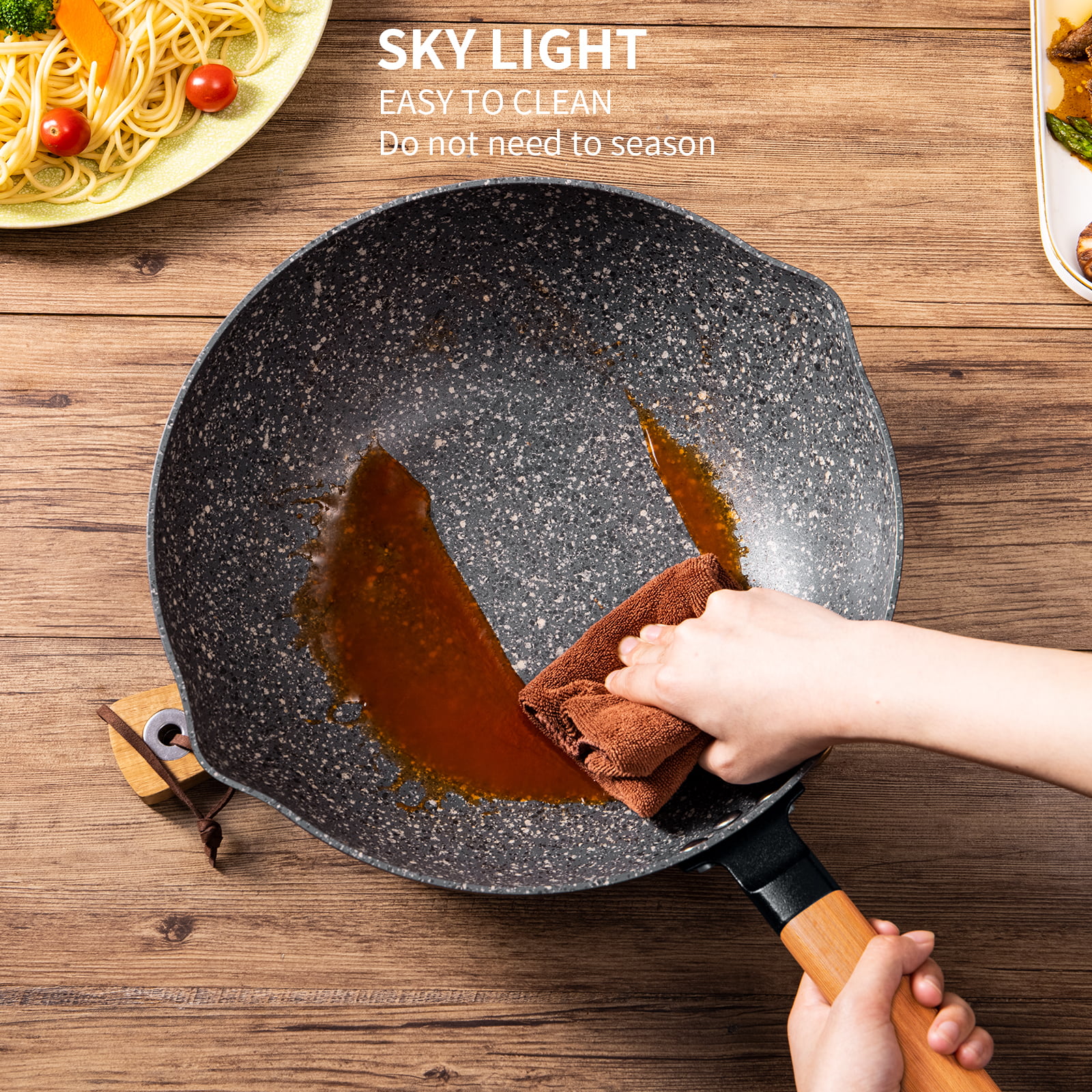 Wok Pan with Lid, SKY LIGHT No Chemical Stir Fry Pan 13.5 inch