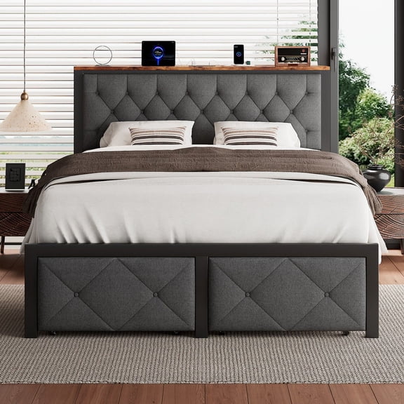 iPormis Full Bed Frame with 2 Drawers, Metal Platform Bed with Charging Station and Linen Fabric Storage Headboard Strong Metal Slats Black,Gray