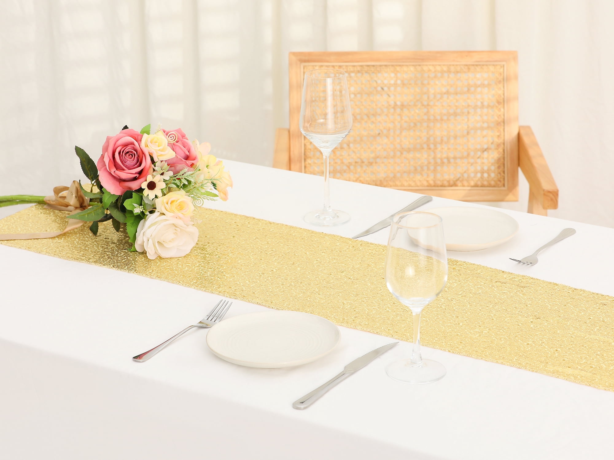 Unique Bargains Sequin Table Runner, Gold, 12" W x 108" L