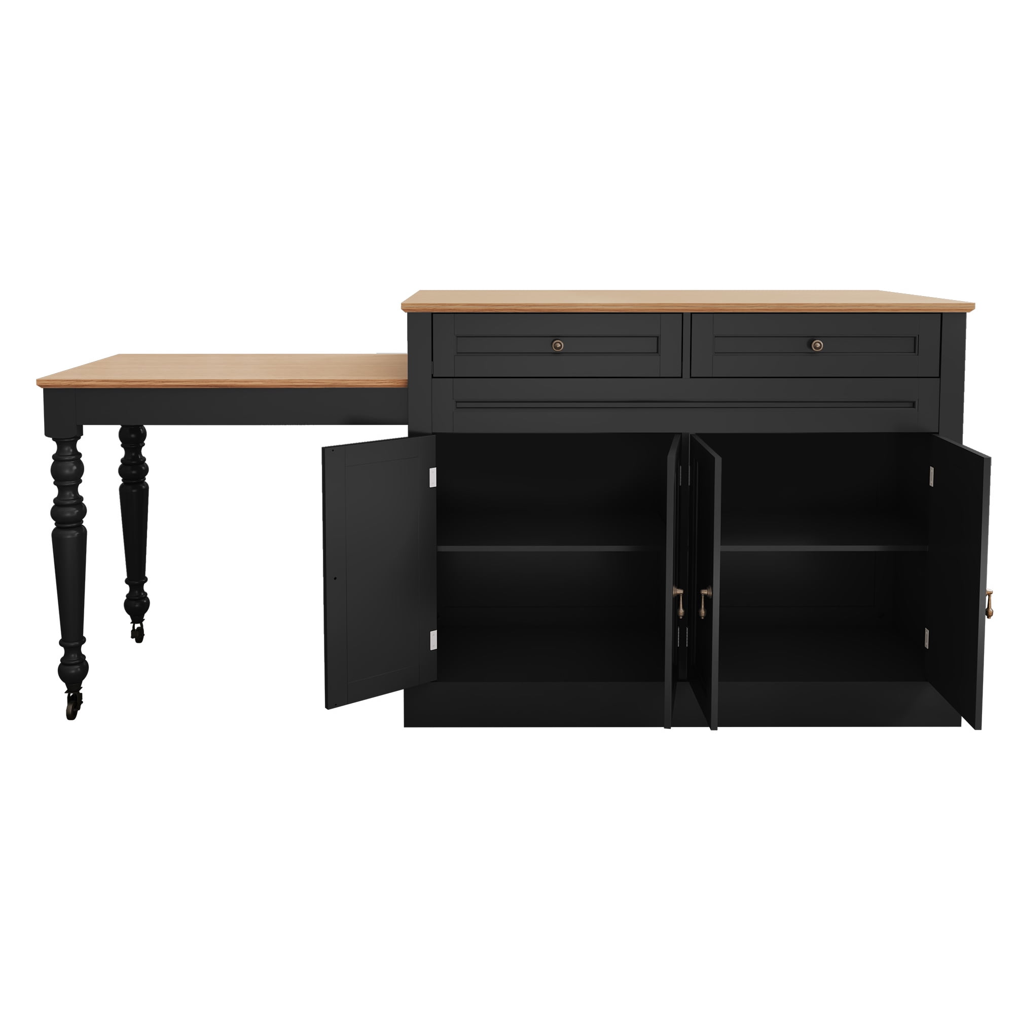 HLR 86.61" Mid-Century Extendable Kitchen Islands on Wheels with Roman column legs, Dining Table Cart with Storage, Black