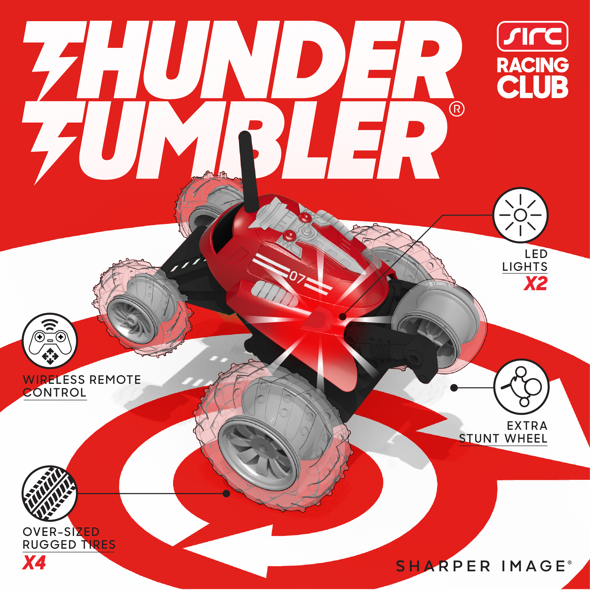 SHARPER IMAGE Thunder Tumbler Toy RC Car for Kids, Remote Control Monster Spinning Stunt Mini Truck for Girls and Boys, Racing Flips and Tricks with 5th Wheel, 49 MHz Black - image 6 of 14
