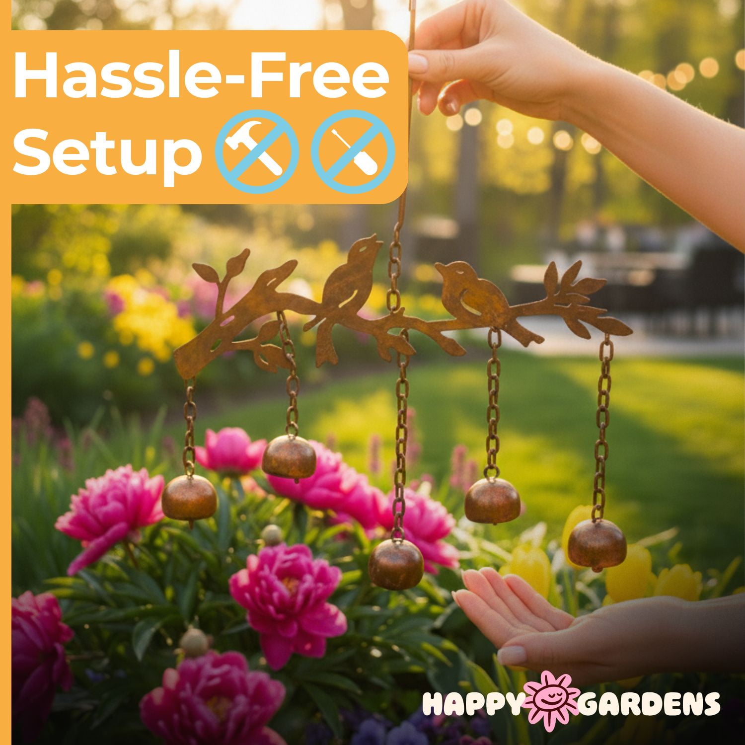 Happy Gardens Bird Wind Chimes with Bells | 5 Suspended Bells Windchime with Birds Garden Decor | Mothers Day Outdoor Gifts & Backyard Decorations