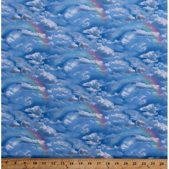 Cotton Rainbows Clouds Blue Sky Skies Sun Heavens Celestial Landscape Medley Cotton Fabric Print by the Yard (460blue)