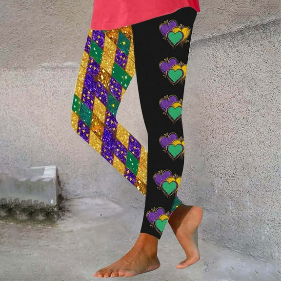 BLTIBY 2025 Mardi Gras Leggings for Women Carnival Printed Casual Yoga Pants Tummy Control Elastic Butt Lift Comfortable Lounge Trousers Multicolor L