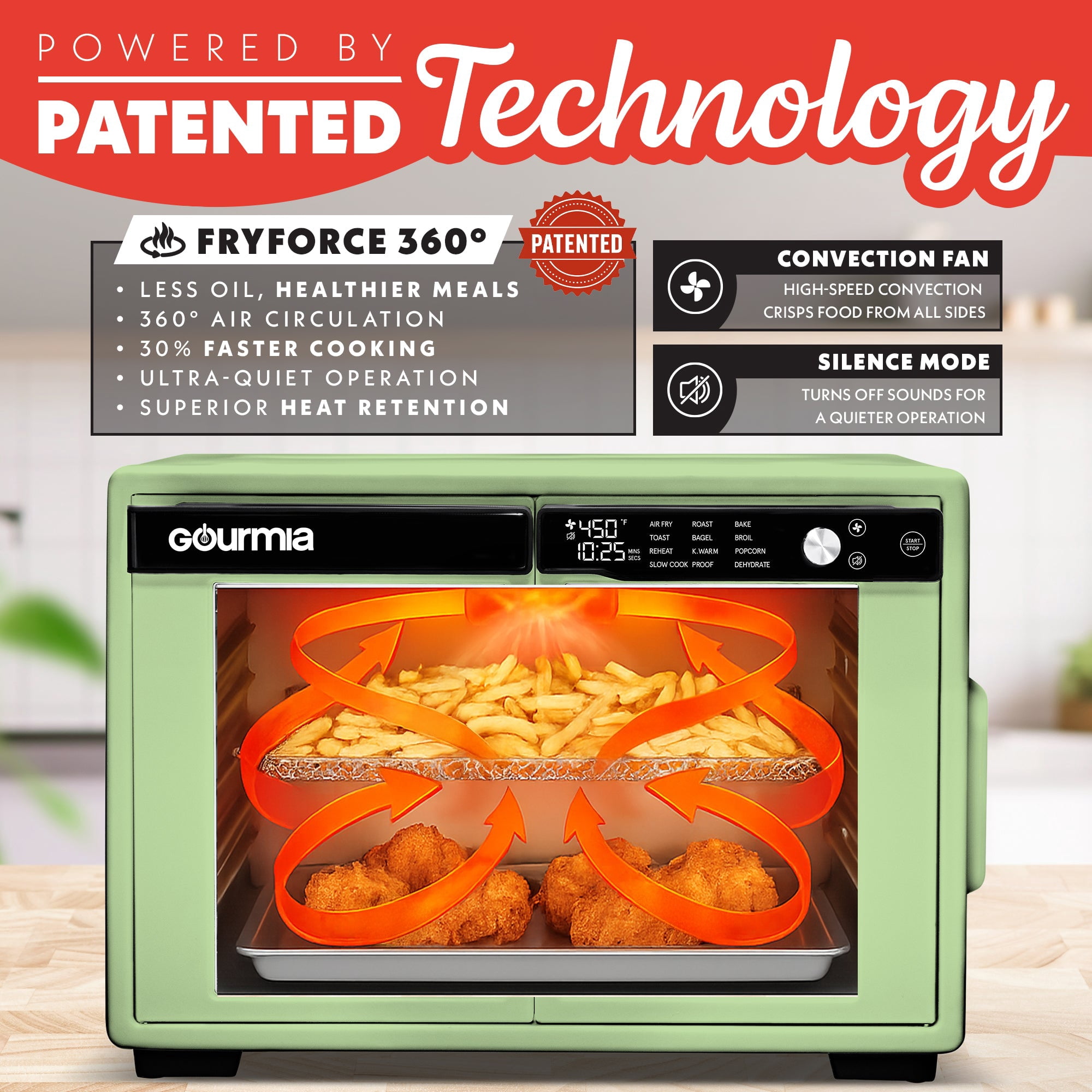 Gourmia Air Fryer French Door Toaster Oven - 9 Slice Capacity, 12 Presets, Green