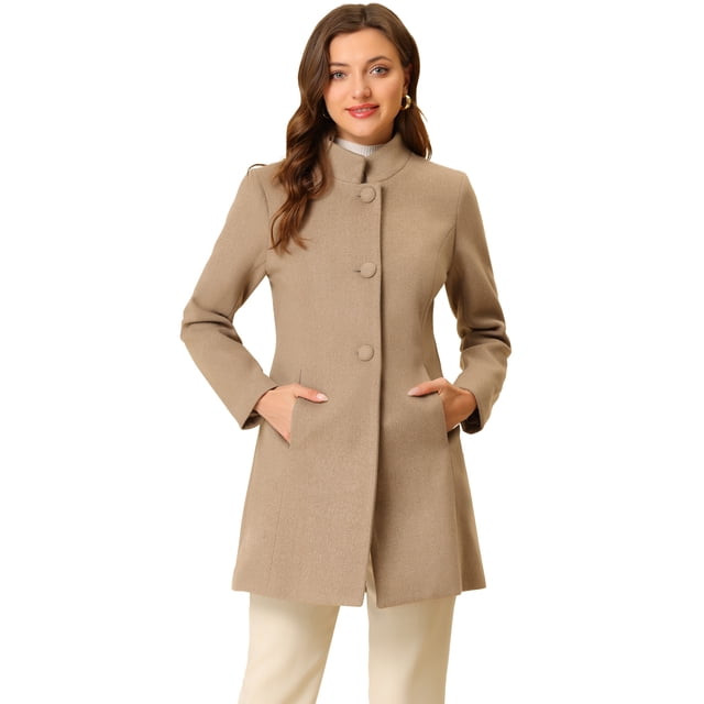 Abrigo de invierno elegante Allegra K Largo de un Solo Pecho con cuello alto Marrón claro M