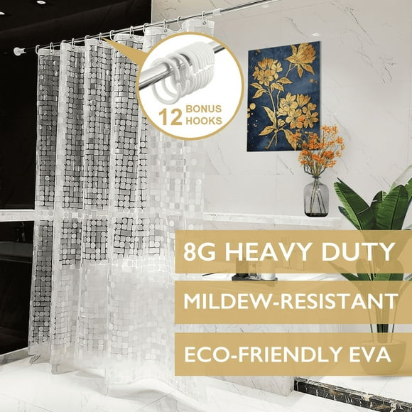 ComfiTime Forro para Cortina de Ducha | Resistente al Agua, 100 % EVA, Antimoho, 3 Pesos Magnéticos, Ojales de Latón, 12 Ganchos, 72"x72", Transparente