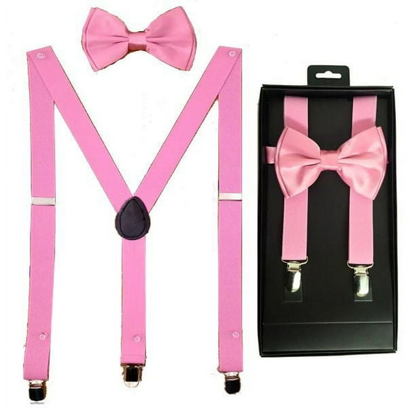 LIGHT PINK Teen or ADULT Size Bow Tie and Suspenders Combo BOXED Gift Set Wedding Prom Party