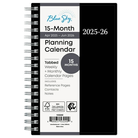 Blue Sky Monthly Weekly Small Planner, 3.625" x 6.125", Black 15-Month (April 2025 - June 2026)