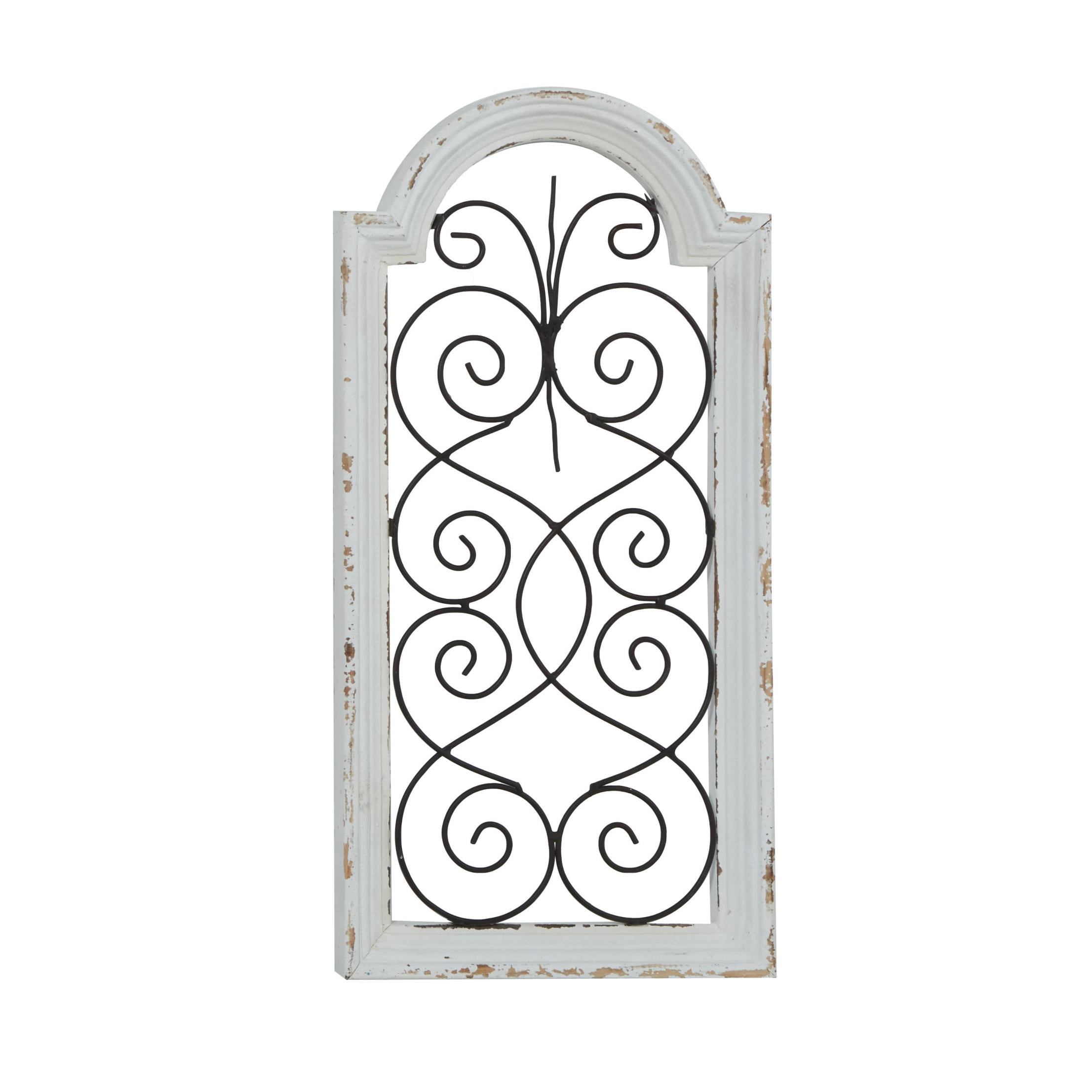 DecMode White Wood Arched Window Inspired Scroll Wall Decor with Metal Scrollwork Relief