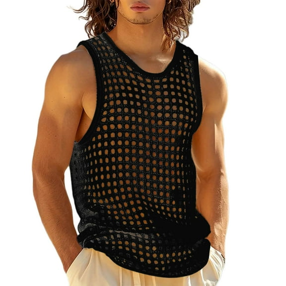 Yuanlook Men's Crew Neck Sleeveless Fishnet Tank Top, Big Hole Mesh Slim Fit Beach Gym Daily Top S-XXL