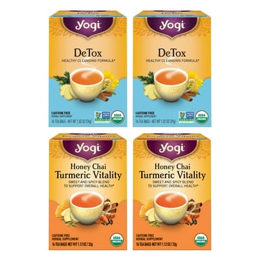 Yogi Tea DeTox and Wellness Variety Pack 4pk - 16 Tea Bags per Pack (4 Pack) - Organic Herbal Cleansing Teas - Includes (2 Boxes Each) of Honey Chai Turmeric Vitality & DeTox - Caffeine-Free Teas