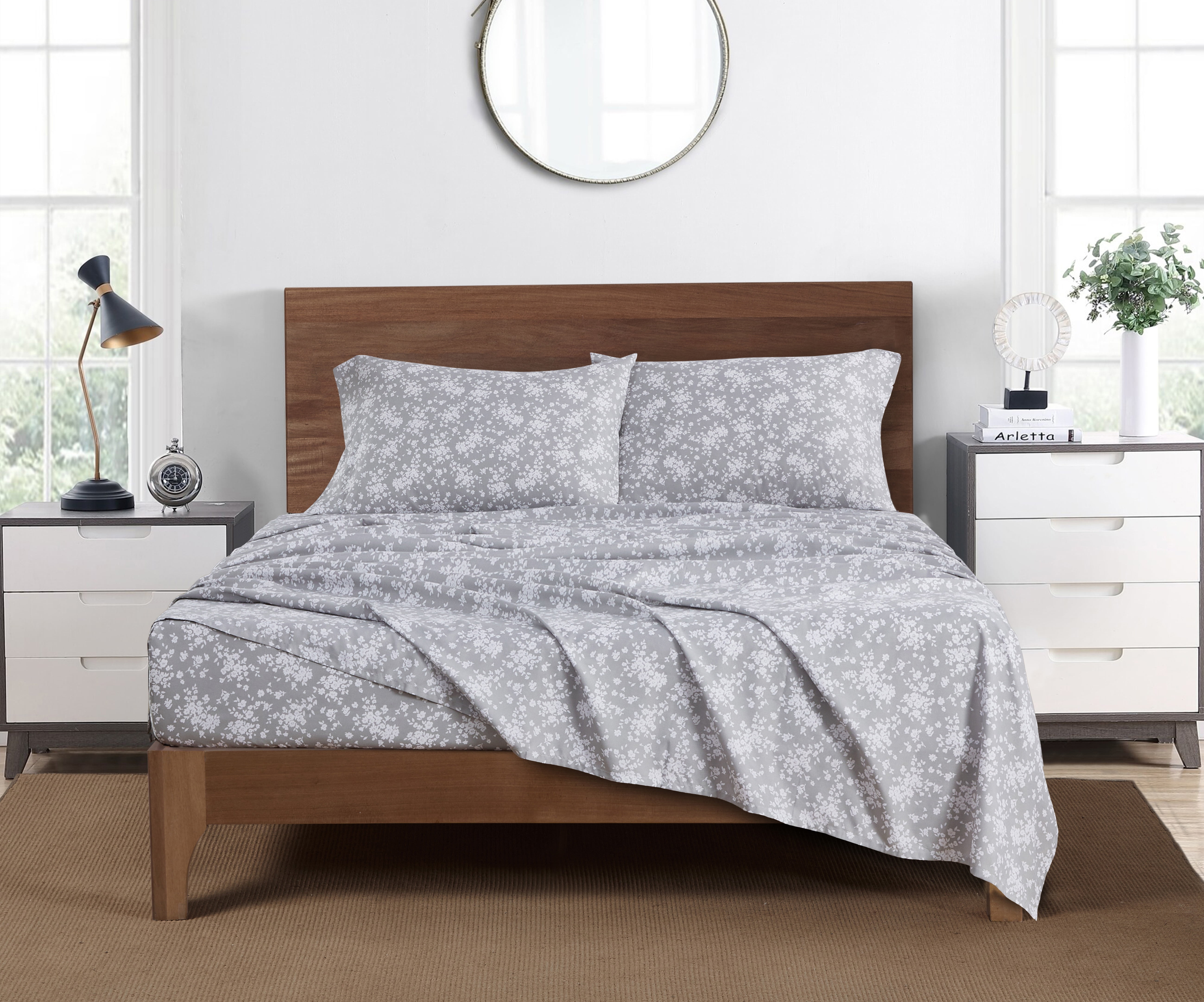 Mainstays Super Soft Brushed Microfiber Bed Sheet Set, King, Gray Floral, 4 Piece