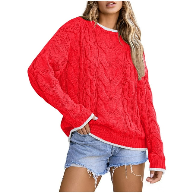 Lenpel Chandails Surdimensionnés pour Femmes Col Ras du Cou Manches Longues Tricot Torsadé Épais Chandails à Enfiler Hauts Mode Automne Hiver Vêtements (Rouge, Grand)