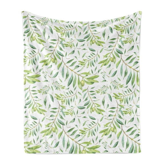 Green Leaf Soft Flannel Fleece Throw Blanket, Watercolor Style Olive Branch Mediterranean Tree Organic, Cozy Plush for Indoor and Outdoor Use, 50" x 60", Avocado Green, by Ambesonne