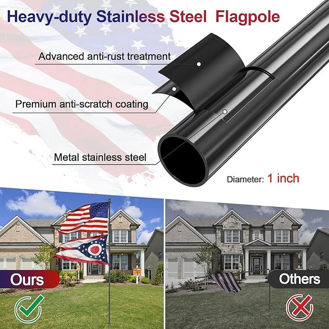 OLIYNEDY Flag Pole with 3x5 Embriored US Flag, 8.2FT Tangle Free Heavy Duty Ground Flagpole with Anti-Tip Stake, Black