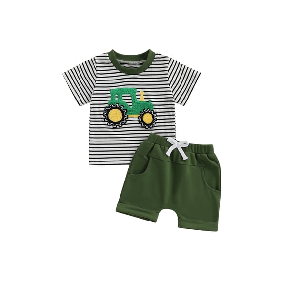 Baby Toddler Boys Summer Shorts Sets 6 12 18 24 Months 2T 3T 4T Short Sleeve O Neck Tractor Embroidery Striped Tops and Solid Color Shorts Outfits