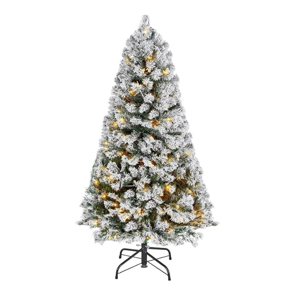 4ft Prelit Flocked Christmas Tree, Artificial Xmas Tree with 120 Warm White LED Lights, 8 Modes, 539 Tips for Home Office Holiday Decoration