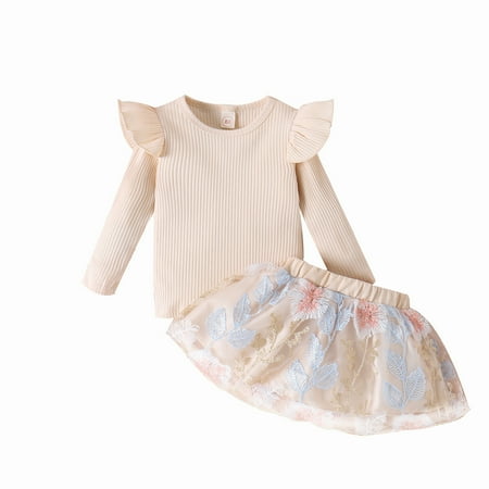 

Posijego Toddler Baby Girl Skirt Outfit Solid Color Ruffle Long Sleeve Knit Top + Embroidered Mini Skirt Set