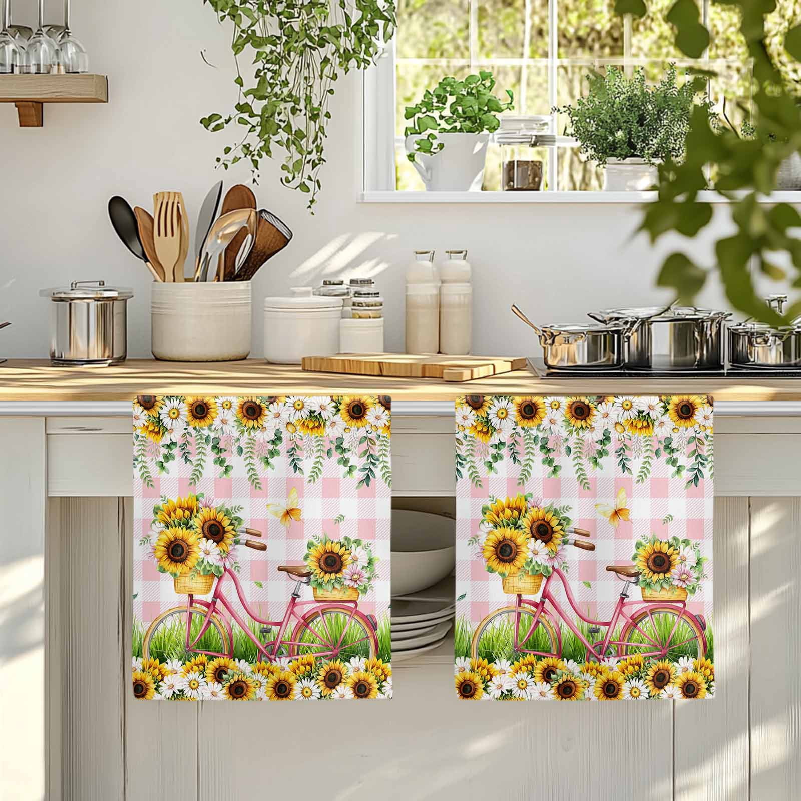 Spring Kitchen Towels Set of 2, Bicycles Blossom Botanical Sunflowers Pink Plaid Absorbent Dish Towels for Kitchen, Microfiber Hand Towel, Quick Drying Tea Towel for Cleaning Decorative Dishcloths