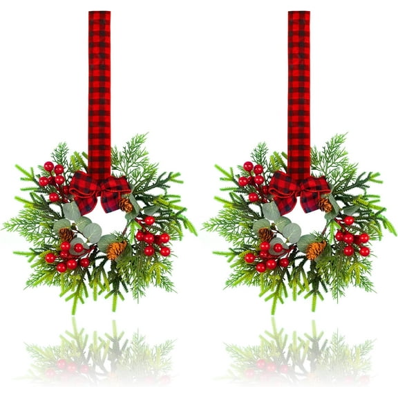 Small Christmas Wreath Set of 2 - Mini Wreaths with Red Berry Pine Eucalyptus for Kitchen Window Decor Small Farmhouse Wreaths Garland for Indoor Home Cabinet Decorations