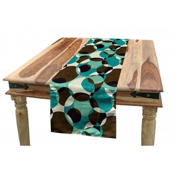 Retro Table Runner, Weathered Texture of Geometrical Composition with Moire and Intersecting Circles, Dining Room Kitchen Rectangular Runner, 3 Sizes, by Ambesonne