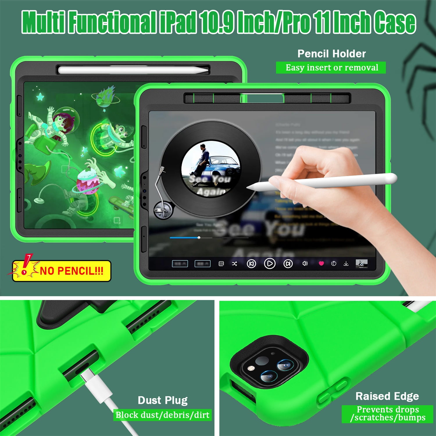 Kids Case for iPad 9th/8th/7th Generation with Pencil Holder, Lightweight Shockproof Stand Anti-Slip Rugged Silicone PC Case Cover for iPad 10.2" 2021/2020/2019 for Boys Girls, Green+Black