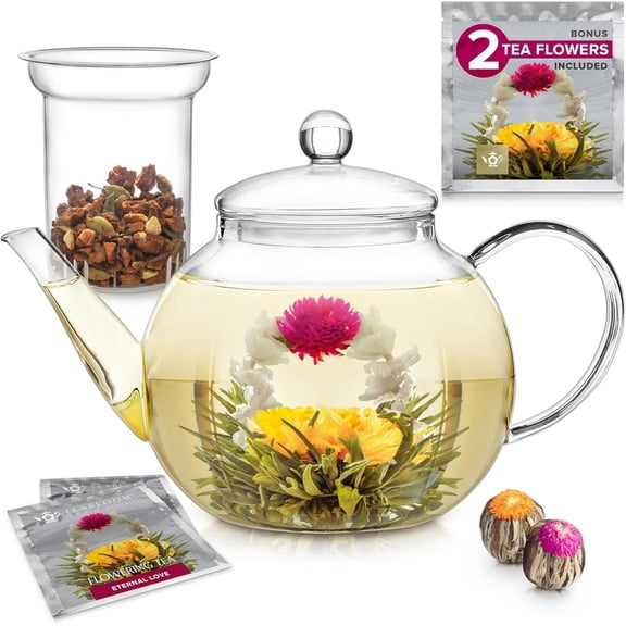 Stovetop & Microwave Safe Glass Teapot with Removable Loose  Glass Infuser - Includes 2 Blooming Teas - 2-in-1  Kettle and  Maker -  Purist's Choice