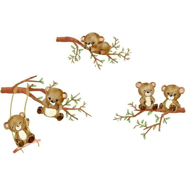 Calcomanías de pared de oso de bosque, pegatinas de pared de rama de árbol de animales, decoración de vinilo de animales de acuarela