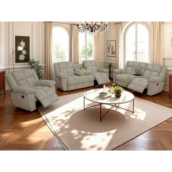 Golden Furniture Beige Corduroy 3-Piece Living Room Manual Recliner Sofa Set