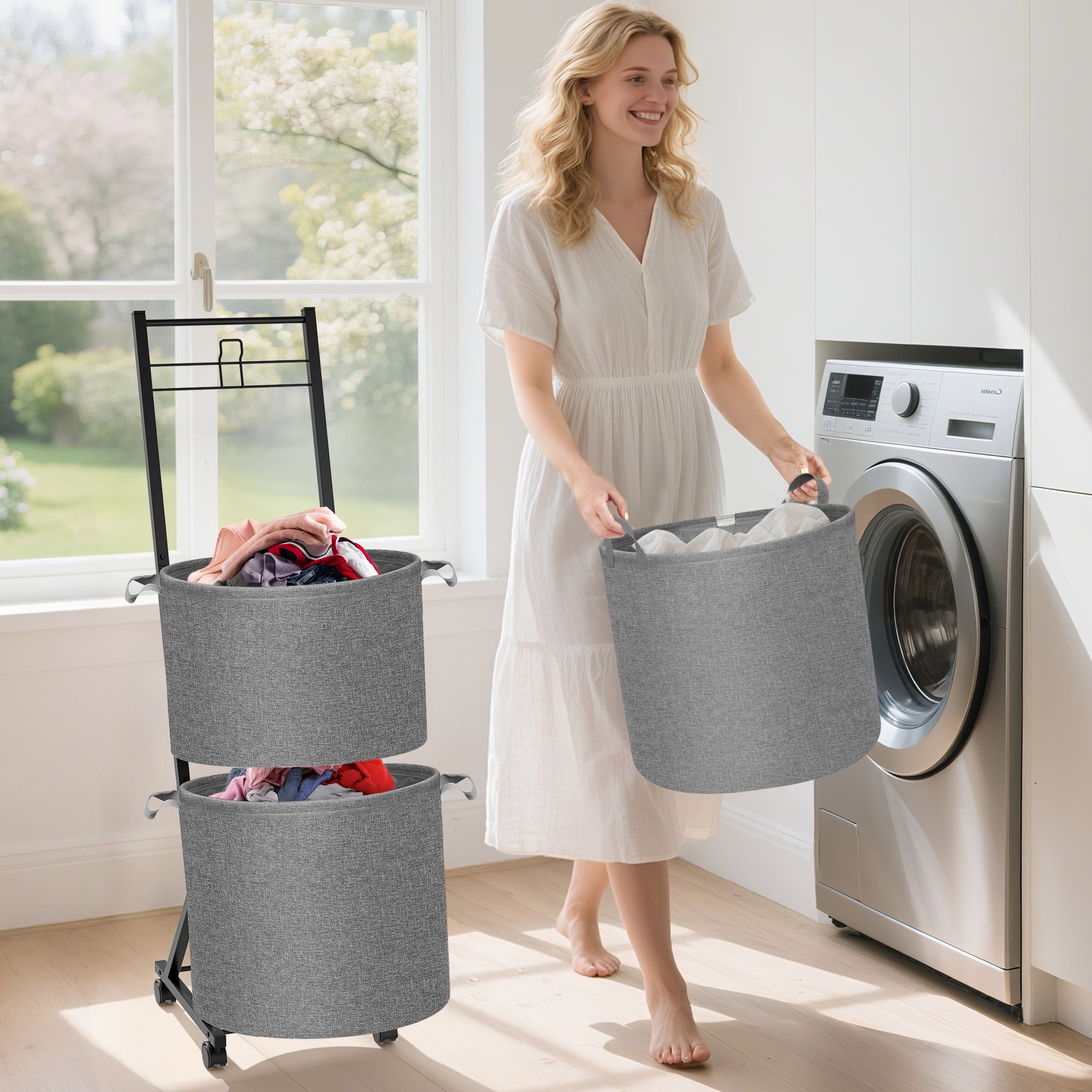 YOUPINS 3-Tier Laundry Hamper Sorter,Laundry Storage Organizer with Wheels Removable Rolling Laundry Baskets for Home,Bathroom,Dorm Laundry Room,Gray