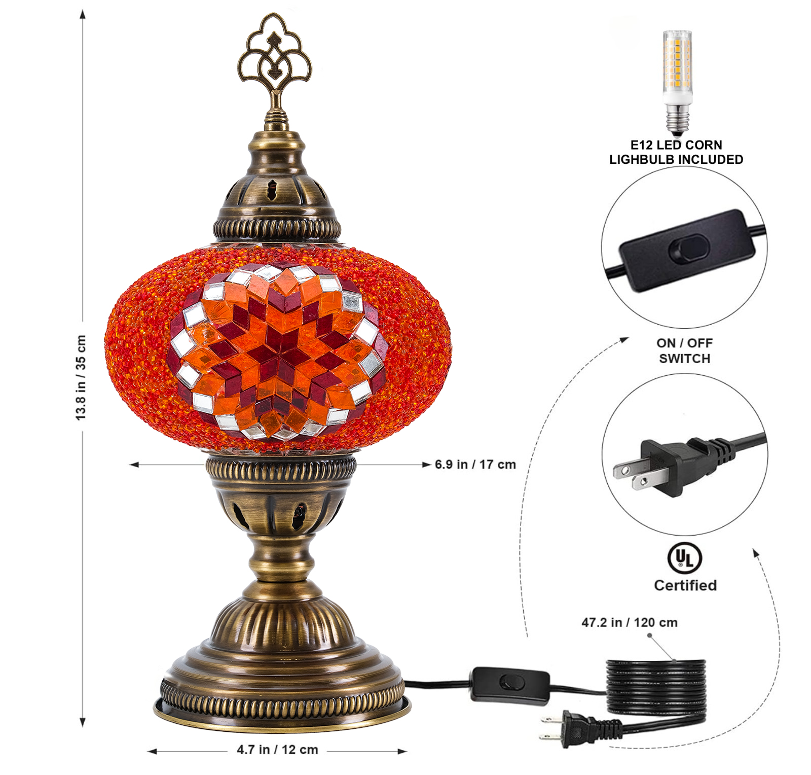 Mozaist Turkish Mosaic Table Lamp 13'' – Orange Color with Bulb Included, Modern Decorative