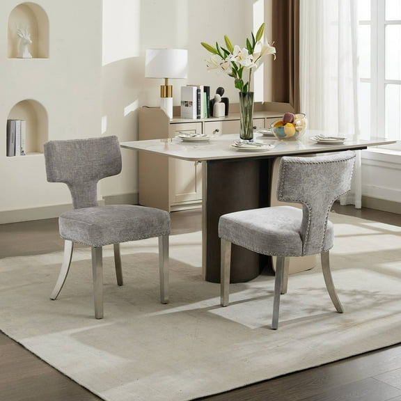 Set of 2 Mid Century Modern Dining Chairs, Farmhouse Chenille Fabric Upholstered Accent Chair Curved Backrest with Copper Nails around, Kitchen Chairs with Silver Brushed Stainless Steel Legs (Gray)