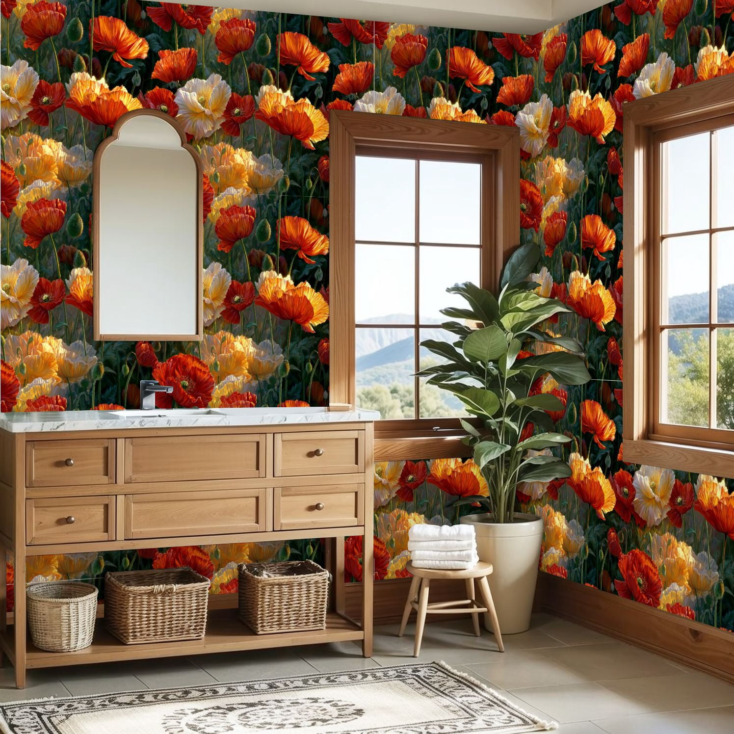 Vintage Peel and Stick Wallpaper Stunning Poppies Full Bloom Golden Glow Wall Mural 23.6in x 9.8ft Self Adhesive Removable Wall Paper Renter Friendly Wallpaper for Nursery Bedroom Cabinets